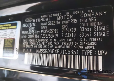 2015 Hyundai Santa Fe Limited z USA, uszkodzony, nr VIN KM8SRDHFXFU105351